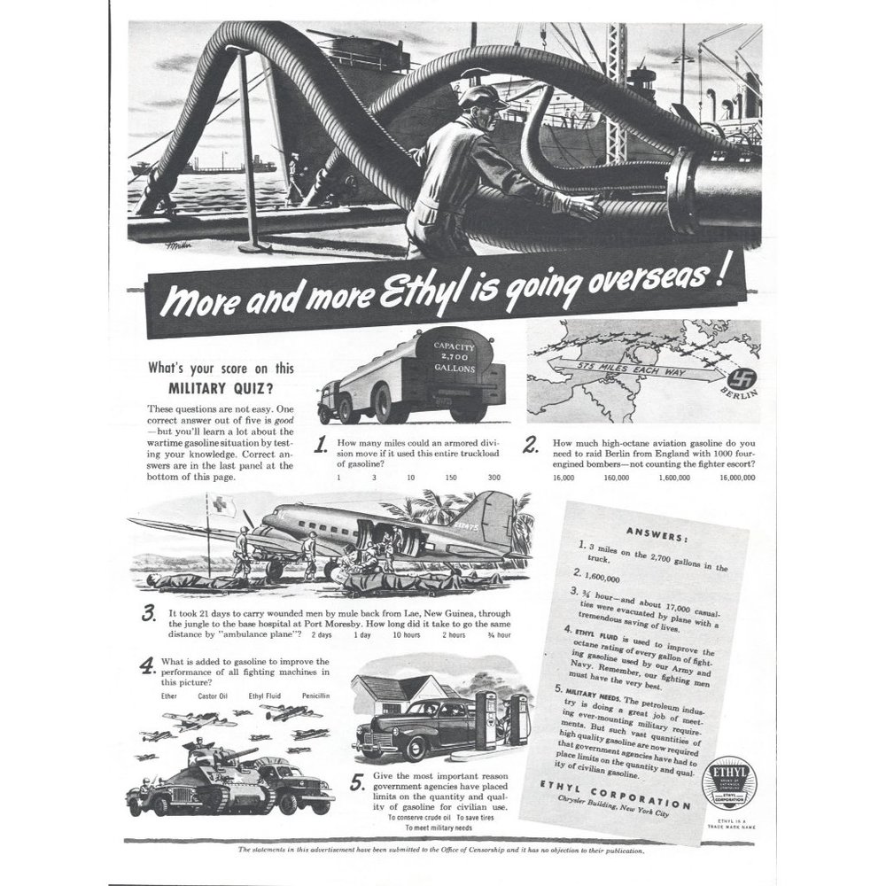 1944 Ethyl Corporation Vintage Print Ad WW2 War Effort Navy Air Planes Wall Art